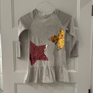 Gray and Pink Long Sleeve Tee with Cat and Butterfly Design